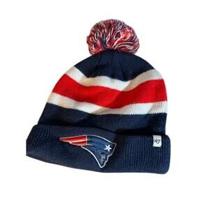 NFL Navy Blue Red Patriots Bridgestone Golf Football Pom Pom Knit Hat Mens